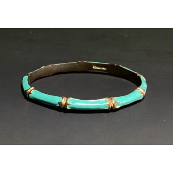Vtg Fornash Gold Tone Metal and Pastel Teal Enamel Bangle Bracelet Bamboo Design - Picture 6 of 9